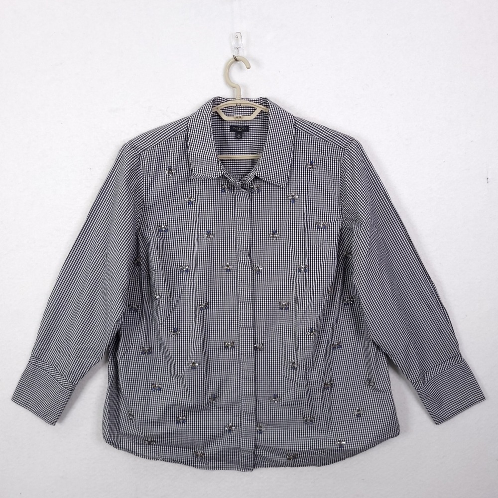 Talbots Top Blouse Size 2X Gingham Rhinestone Bee Button Up Black White Classic